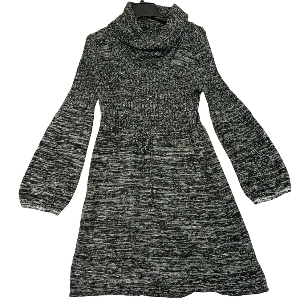Calvin Klein Women's L Black White Cowl Neck Knit Sweater Dress Balloon Sleeve